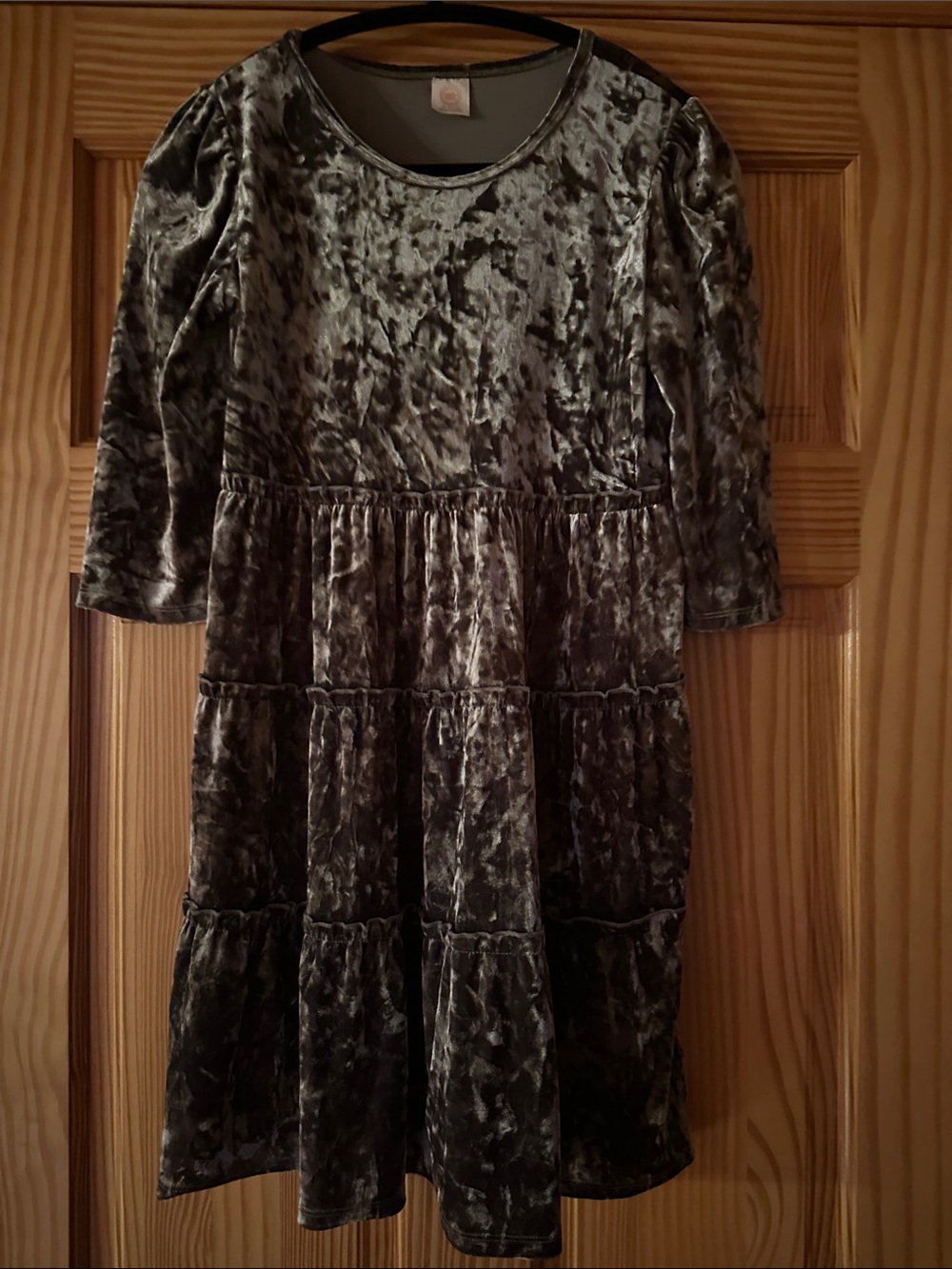 Girls' Velvet Tiered Dress in Charcoal Gray size XL 14-16